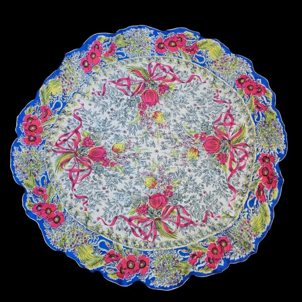 VTG Silk Round Floral Hankerchief Scalloped Edge Blue Pink Rare 40 In Rolled Hem